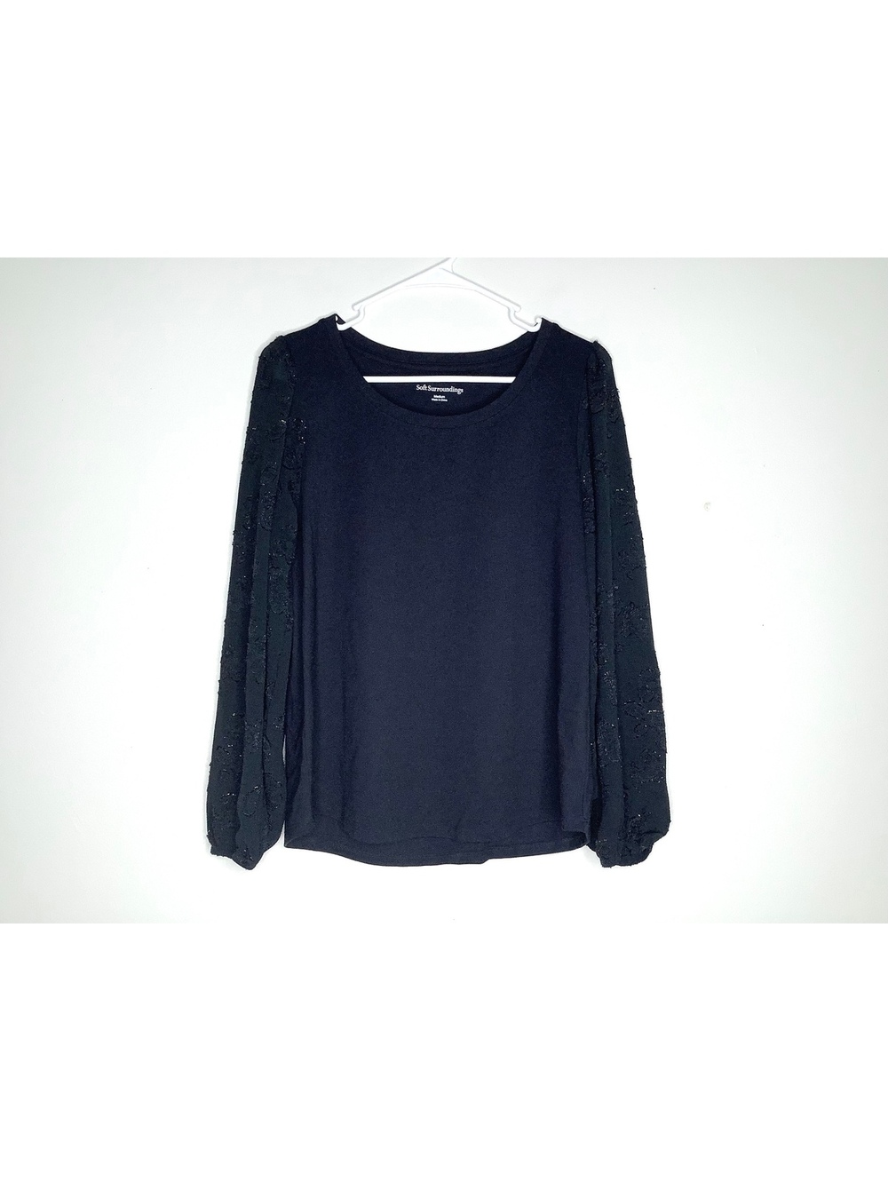 < Soft Surroundings Black Long Sleeve Top With Lace Sleeve Detail > - Picture 2 of 7
